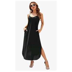 HUSKARY NWT Black Maxi Dress L - Strappy Sleeveless Split Loose‎ Pocket Sundress